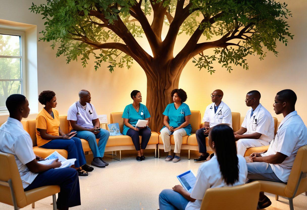 A serene scene depicting a diverse group of patients in a supportive circle, sharing knowledge about malignancy, surrounded by educational materials like pamphlets and digital screens with information. Emphasize expressions of hope and empowerment. In the background, a soft glow representing care and healing, with a tree symbolizing growth. super-realistic. vibrant colors. warm tones.