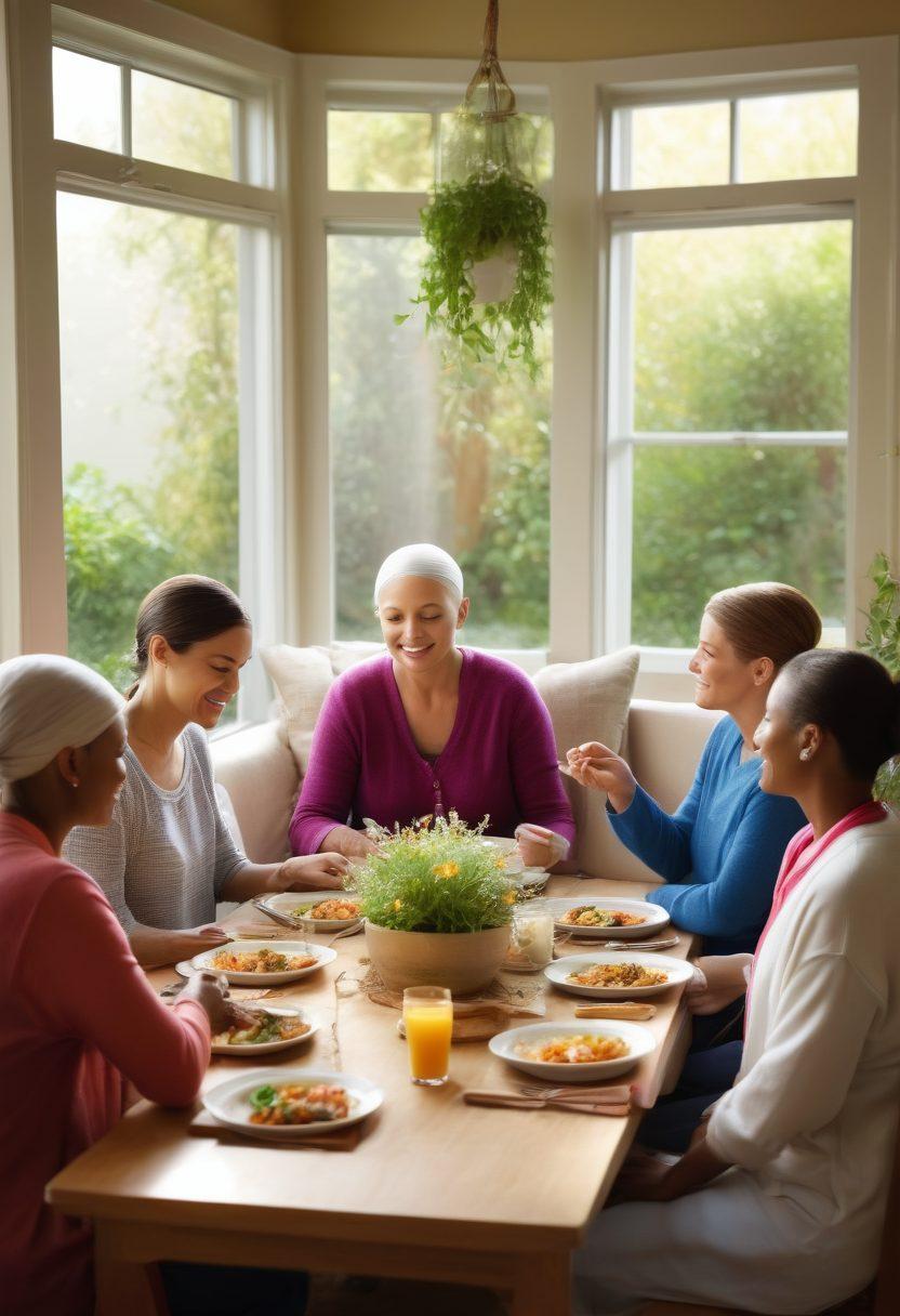 A warm and inviting scene depicting a diverse group of cancer patients receiving nourishing meals in a cozy support group setting, with a compassionate nutritionist guiding them. Inspirational quotes about empowerment and health are displayed on the walls. An open window reveals a serene garden outside, symbolizing hope. Soft natural lighting enhances the comforting atmosphere. super-realistic. vibrant colors. cozy ambiance.