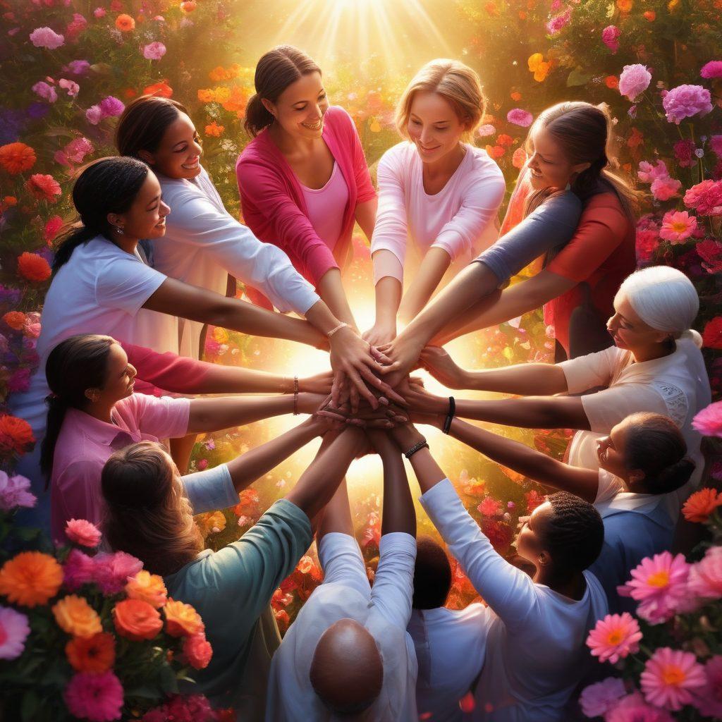A diverse group of passionate advocates holding hands in a circle, surrounded by vibrant flowers symbolizing hope, while energetic crowds reflect community support in the background. Include symbolic elements like ribbons and candles to represent cancer awareness. The sun shines down, casting a warm glow, conveying a sense of unity and strength. super-realistic. vibrant colors. joyful atmosphere.